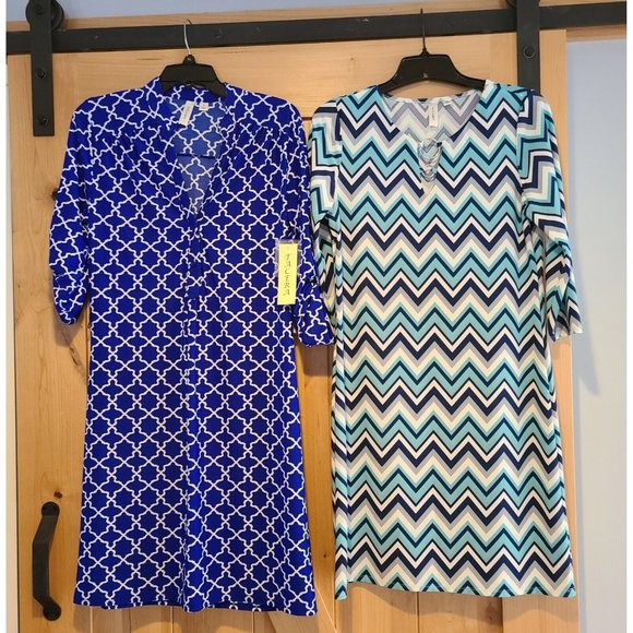 2 Tecera Size Small Dresses Blue White 3/4 Sleeve Roll Tab Chevron Arabesque - Picture 1 of 12